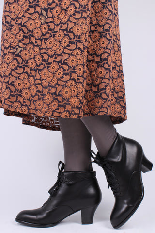 1930s style leather lace-up ankle boot - Black - Betty
