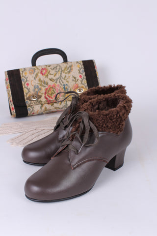 Weiche 40er/50er-Jahre-Booties mit Woll-Shearling - Dunkelbraun - Karin