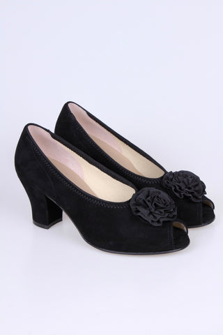 40er Wildlederpumps mit Rosette und Peeptoe - Schwarz - Jean