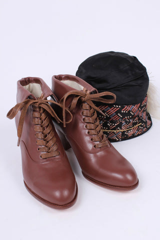 1930s style leather lace - up ankle boot - Brown - Betty - memery