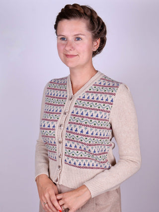 1940s Merino cardigan - Cream melange with pattern - Rosemary - memery