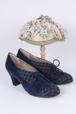 40s vintage style pumps in suede with colored stitches - Navy Blue - Edith