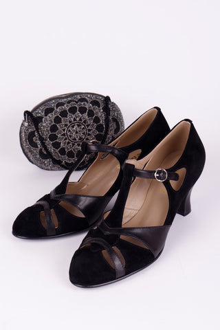 1930s evening shoe with T-strap crafted from leather and suede - Black - Wilma