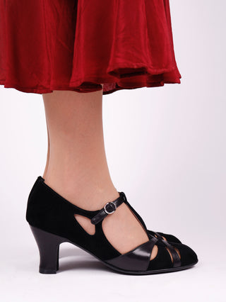 1930s evening shoe with T-strap crafted from leather and suede - Black - Wilma