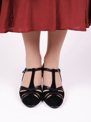 1930s evening shoe with T-strap crafted from leather and suede - Black - Wilma