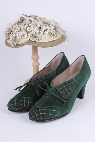40s vintage style pumps in suede with colored stitches - Dark Green - Edith