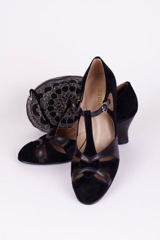 1930s evening shoe with T-strap crafted from leather and suede - Black - Wilma