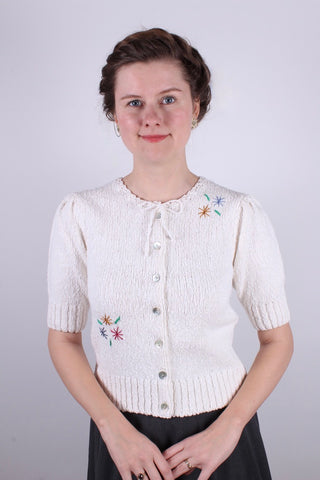 Late 1930s / 1940s style summer bouclé cardigan. Off-White with embroidery- Sarah