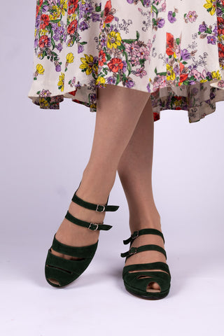 1940er - Veloursleder - Wedge sandalen - Dunkelgrün – Irene