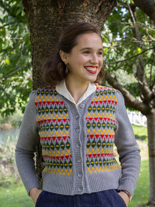 Merino-Cardigan im Stil der 1940er Jahre - Grey melange with pattern - Roberta