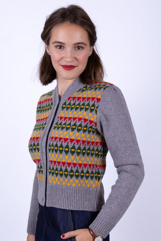 Merino-Cardigan im Stil der 1940er Jahre - Grey melange with pattern - Roberta