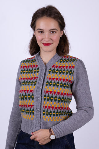 Merino-Cardigan im Stil der 1940er Jahre - Grey melange with pattern - Roberta