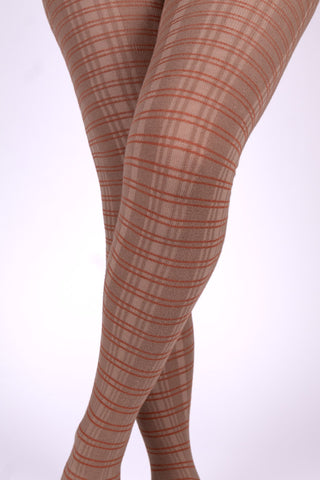 Gemusterte Baumwollstrümpfhose der 1920er Jahre -  Karamell mit orangefarbenen Streifen  - Dorothy