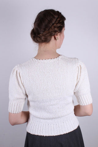 Late 1930s / 1940s style summer bouclé cardigan. Off - White with embroidery - Sarah - memery