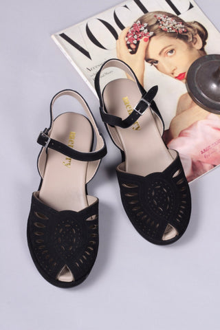 1940s / 50s suede wedge sandals - Black - Ella - memery