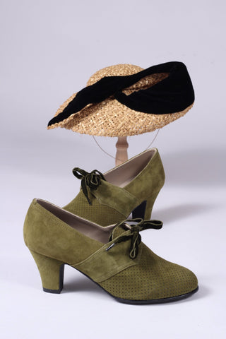 1940s pumps in suede with velvet laces - Green - Esther - memery