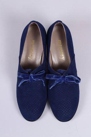 1940s pumps in suede with velvet laces - Navy blue - Esther - memery