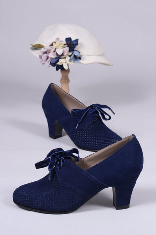 1940s pumps in suede with velvet laces - Navy blue - Esther - memery