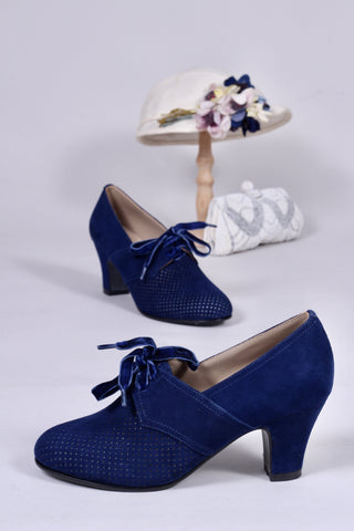 1940s pumps in suede with velvet laces - Navy blue - Esther