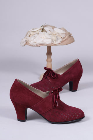 1940s pumps in suede with velvet laces - Burgundy red- Esther